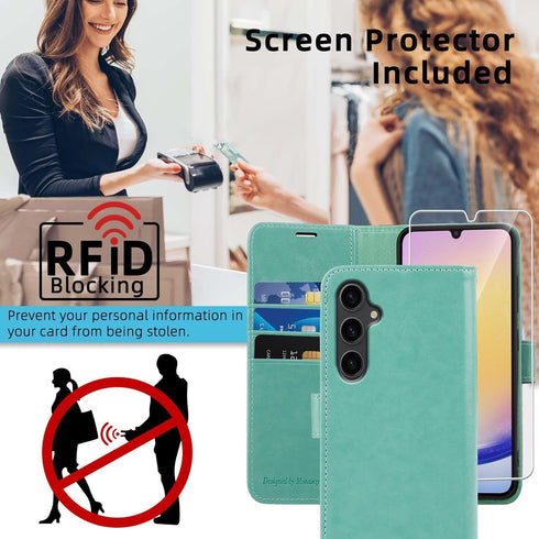 MONASAY Mint Wallet Case for Samsung Galaxy A25 5G, RFID Blocking, Flip Folio Leather, with Glass Screen Protector &