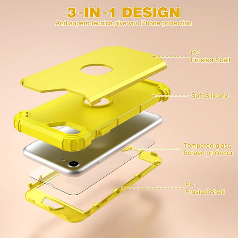IDweel iPhone SE 2020/2022 Case, 3-in-1 Heavy Duty Slim Fit, Shock Absorption, Soft Silicone Bumper, Yellow.