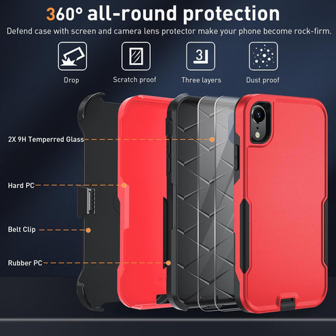 iPhone XR Phone Case with Shockproof Belt Clip Kickstand & 2X Tempered Glass Screen Protector, Heavy Duty Red Cover
