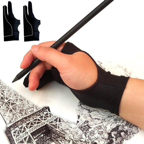 Drawing Glove for Digital Art, Artist Gloves with Two Fingers for iPad, Smudge Guard, Palm Rejection (2 PCS, Extra