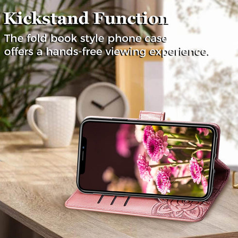Wallet Case for iPhone 12 Pro/iPhone 12, Women Flip Folio Cover with Butterfly Embossed PU Leather, Rose Gold