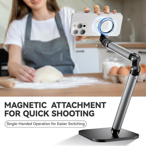 Phone Holder for Desk with Magnetic Design, Tablet Stand for iPad, Heavy Duty Metal Base, 360° Rotation, Height & Angle