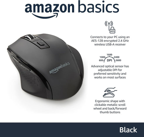 Amazon Basics 2.4 Portable Wireless Computer Mouse, Ergonomic, GHz Optical, DPI Adjustable, Easy to Use, Compatible