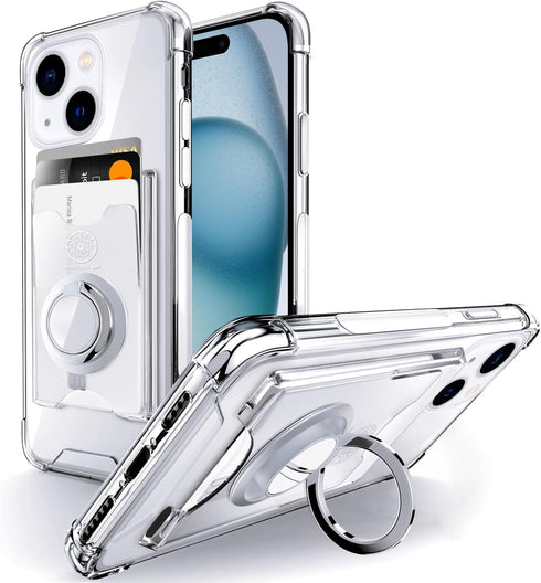 Shields Up iPhone 15 Case - Clear Minimalist Wallet with Card Holder (3 Cards) & Ring Stand, Slim Drop Protection Cover.