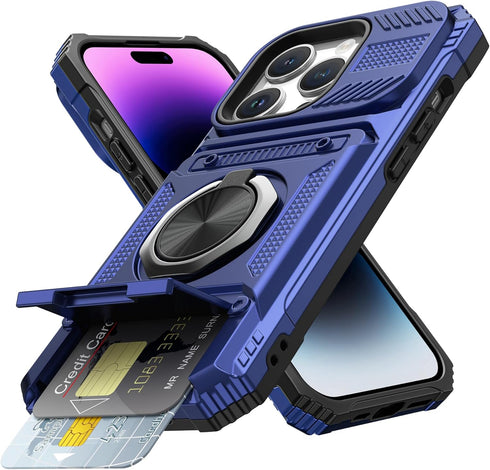 Vofolen Wallet Case for iPhone 14 Pro Max, Card Holder + 360° Magnetic Ring Kickstand, Blue