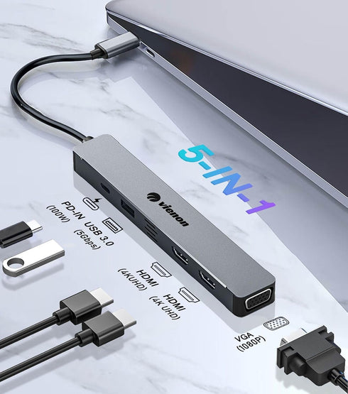 vienon 5-in-1 4K HDMI+1080P 3.0+PD 100W USB C Hub HDMI VGA Adapter for Triple Monitor, Laptop Docking Station with Dual