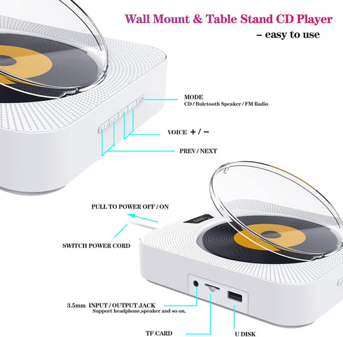 Portable CD Player with Bluetooth, Wall Mountable, FM Radio, Built-in Speakers, USB Port, AUX Input