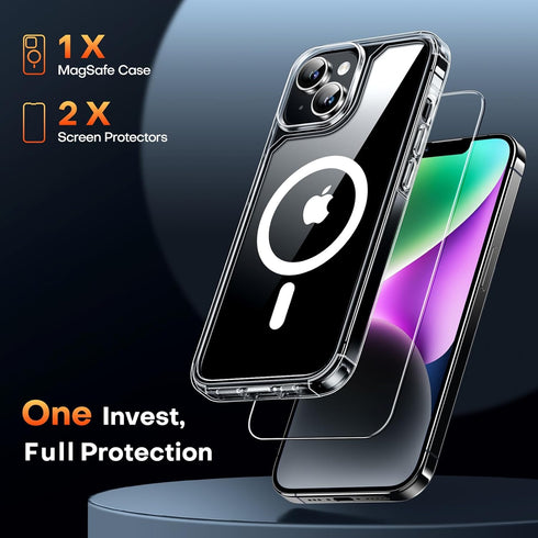 TAURI 3 in 1 Magnetic iPhone 13 Case - Compatible with MagSafe with 2X Screen Protectors - Clear 6.1"