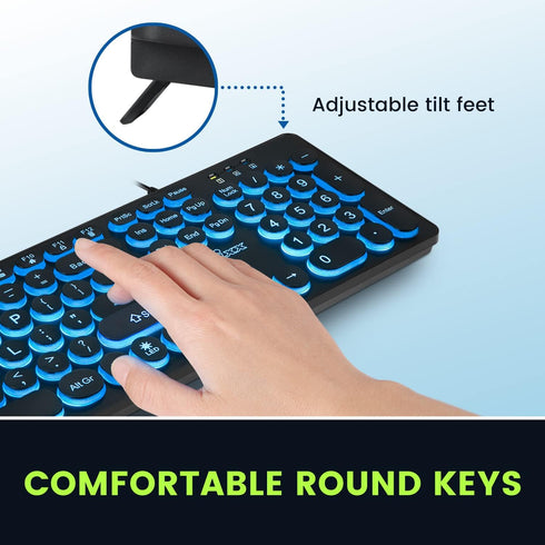 Perixx PERIBOARD-317R Wired USB Keyboard - Tri-Color Illuminated LED - Big Print Letter - Stylish Round Keycaps US
