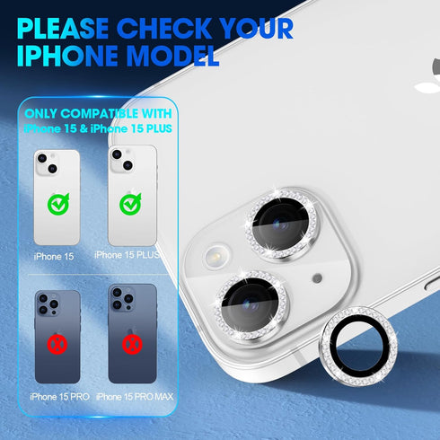 Xfilm Camera Lens Protector Compatible for iPhone 15/15 Plus Bling, Individual Metal Diamond Ring 9H Hardness Scratchproof Protector, Stylish Accessories, Case Friendly (Silver Diamond)