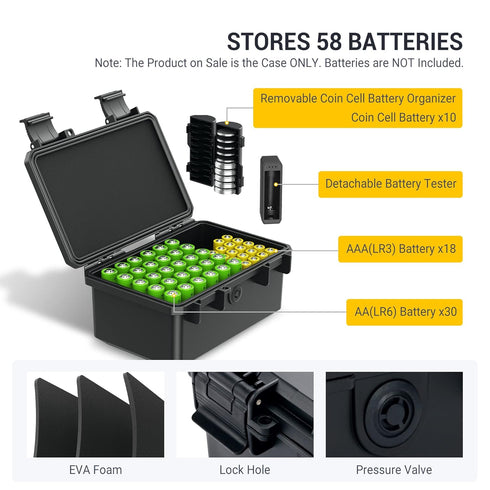 KIWIFOTOS 58 Slots Battery Case Holder with Tester, IP67 Waterproof Outdoor Storage Organizer for AA AAA Batteries