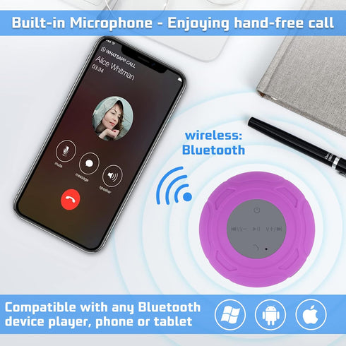 Waterproof Bluetooth Shower Speaker - Portable Wireless Water-Resistant Speaker with Suction Cup, Purple