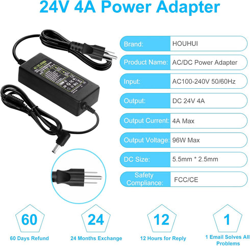 HOUHUI 24V 4A Power Supply Adapter, AC 100-240V to DC 24 Volt 4 Amp for LED Strip Light, CCTV Camera