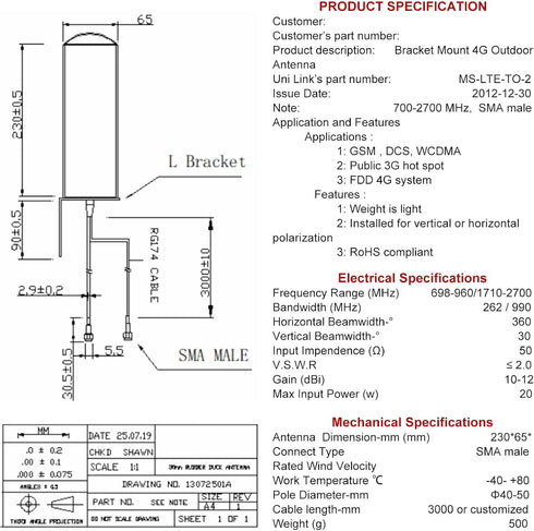 Boobrie 4G 10dBi-12dBi 698-2700MHz 16.4Ft 4G LTE Antenna High Gain Outdoor Antenna OmniDirectional Dual SMA Male
