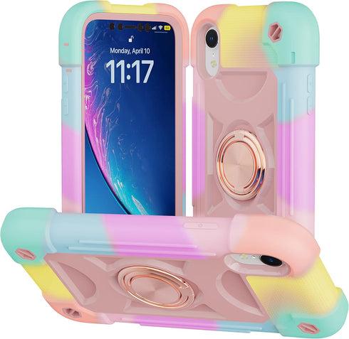 iPhone XR Case 6.1 Inch with Ring Stand, 2 Pack Glass Screen Protector, Heavy-Duty Shockproof Rugged Military Grade