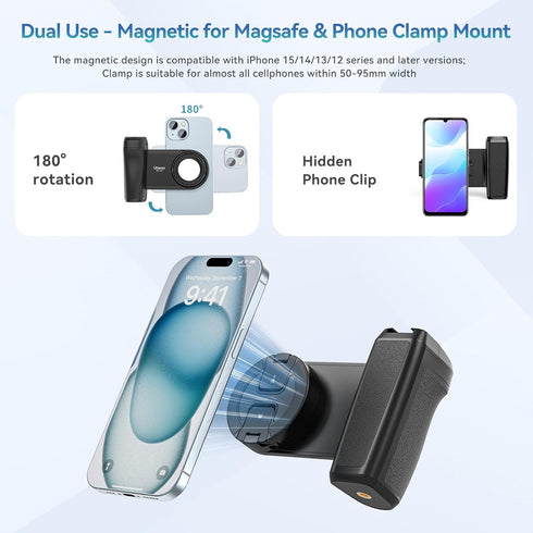ULANZI Selfie Phone Tripod Mount MA35, 2-in-1 Magnetic & Phone Clip Grip Handle with Remote Shutter for iPhone 14 15
