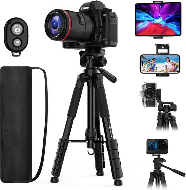 MoKo 70" Camera Tripod for iPad, iPhone, DSLR, SLR, with Travel Bag, Phone Holder, Wireless Remote, and Webcam