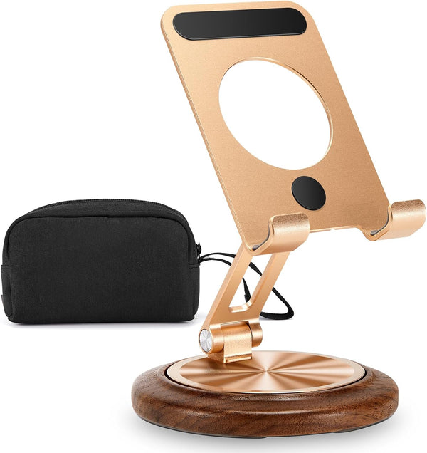 Dual Folding Desk Phone Stand, Adjustable Cell Phone Holder, Travel Case for Electronics Organizer, Black+Gold
