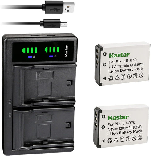 Kastar 2-Pack LB-070 Battery & LTD2 USB Charger for Kodak Pixpro AZ901, S1, MN67Z Cameras
