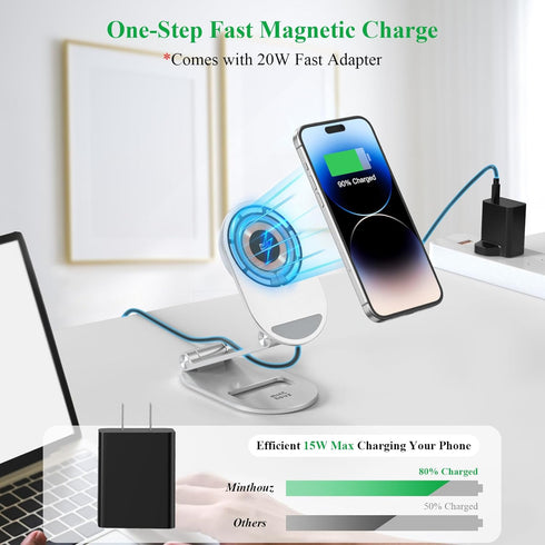 Minthouz Magnetic Wireless Charger, Foldable MagSafe Charging Stand, Adjustable Aluminum Phone Holder with 20W USB-C