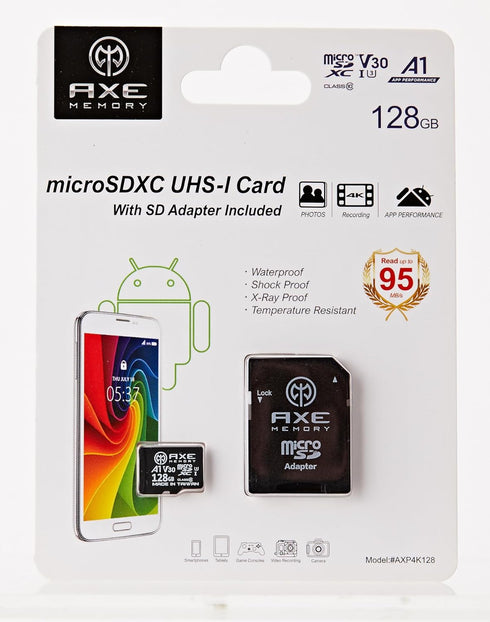 AXE MEMORY 128GB Micro SD Card, 4K Ultra Full HD Video, High Speed MicroSDXC with SD Adapter