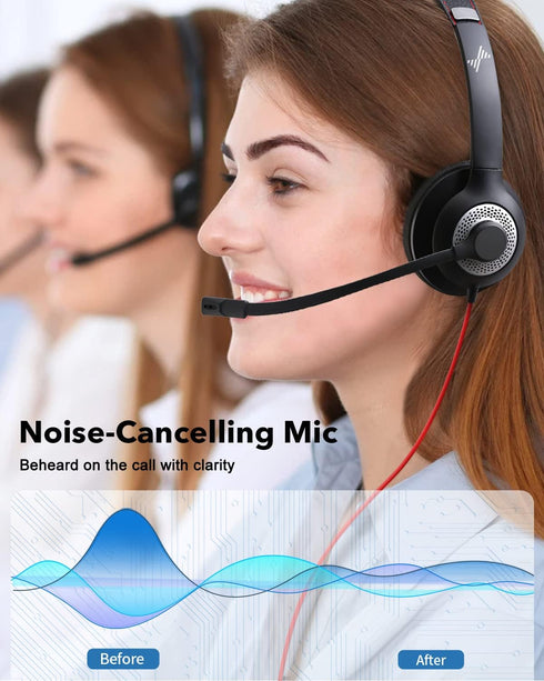 Headset (USB+3.5mm, JIAMQISHI USB with Microphone for PC, On-Ear Computer Laptop Headphones with Noise Cancelling