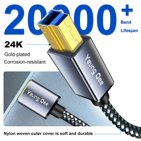 Yeung Qee 3.0 3 3.0 (3ft) USB A to USB B Cable ft,Nylon Braided USB Cable Type A Male to B Male Printer Cable