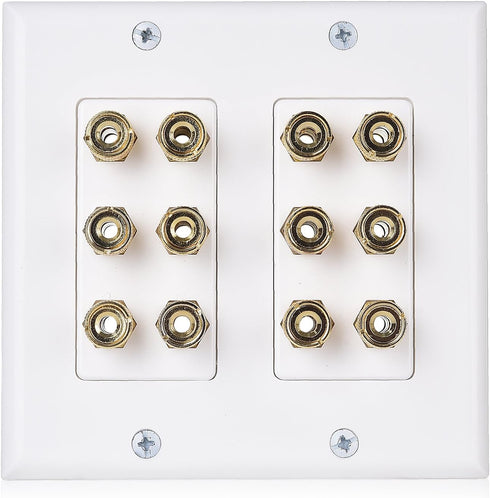 Cable Matters Double Gang Speaker Wire Wall Plate, Gold Plated with Banana Plug Binding Post for 6 Speakers, White