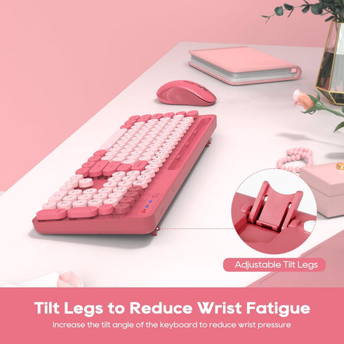 Wireless Keyboard and Mouse Combo, Retro Round Keycaps, Cute Full-Size Typewriter Keyboard with Phone Holder, 2.4GHz