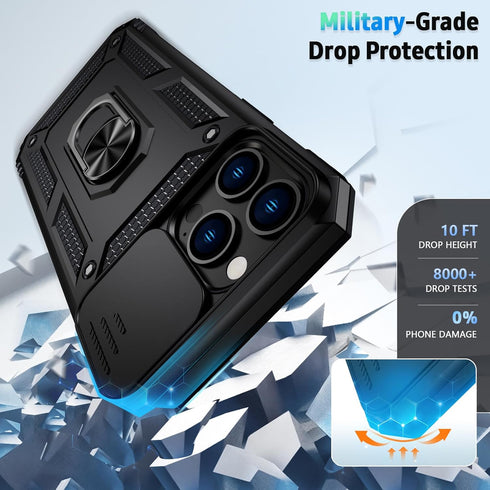 iPhone 13 Pro Max Case with Slide Lens Cover, HD Screen Protector, Military Grade Drop Protection, Black Kickstand