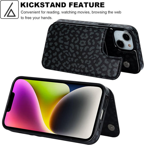 HAOPINSH Wallet Case for iPhone 13/14 with Card Holder, Black Leopard Cheetah Pattern Back Flip Case PU Leather