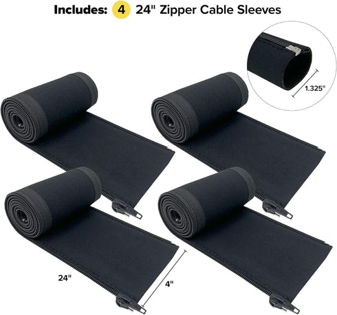 Wrap-It Storage Zipper Cable Sleeve - 24" x 4" (4-Pack) Black - Cable Protector for Desk, Computer, TV Management