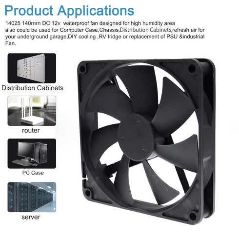 140mm Waterproof Cooling Fan, 140X140X25mm Dual Ball Bearing 12V 2900RPM for Computer Case PSU Chassis Cabinets