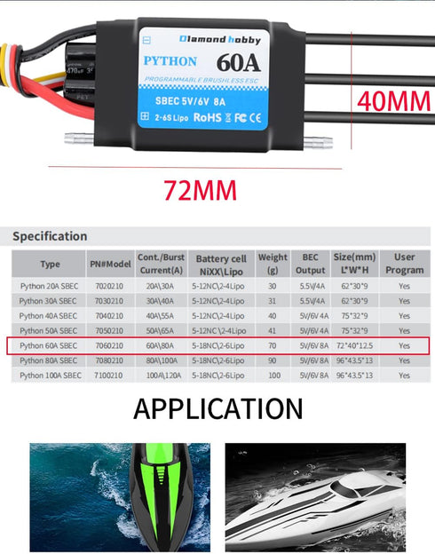 60A 2-6S 5V/6V 8A XT60 3.5mm DH Waterproof Brushless ESC Electronic Speed Controller with BEC and Banana Head Connector