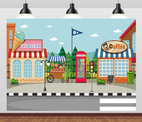 CORFOTO 10x6.5ft Fabric Town Street Backdrop Ice Cream Coffee Shop Red Phone Booth Urban Scene Photography Background