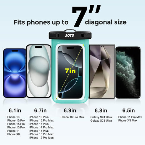 JOTO Universal Waterproof Phone Case - Up to 7" for iPhone 16 15 14 13 Plus Pro Max, IPX8 Dry Bag, Green