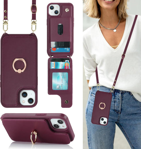 iPhone 15 Case with Card Holder and Strap for Women, Crossbody Lanyard, Stand Ring Kickstand, Phone Wallet Cases 6.1