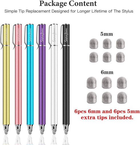 StylusHome Stylus Pens for Touch Screens (6 Pcs) - 2 in 1 Fiber Tips Capacitive Stylus with 12 Extra Tips