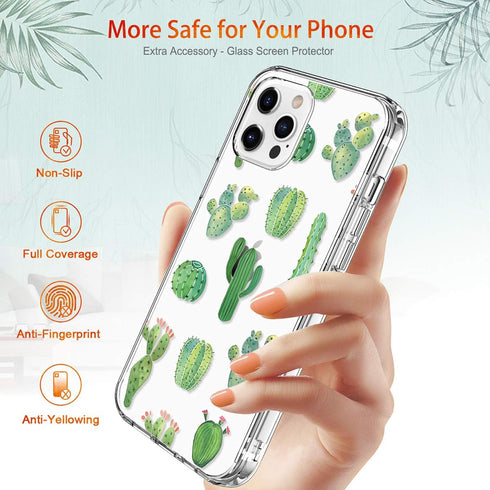 GiiKa iPhone 12 Pro Max Case with Screen Protector, Clear Full Body Shockproof Protective Floral Hard Case, Green Cactus