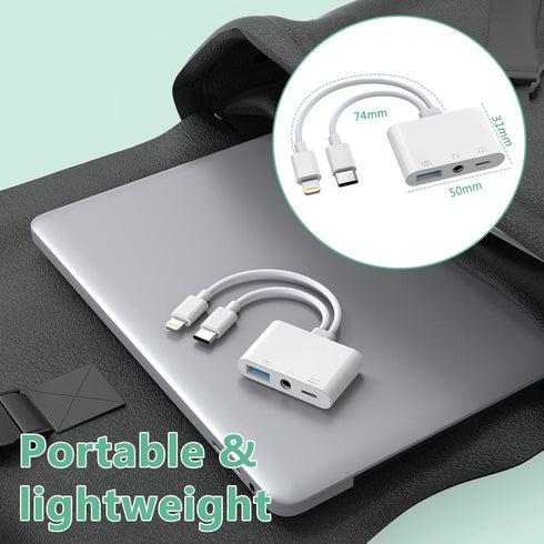 Lightning + USB C to Aux Audio Headphone Jack Adapter, Multi USB OTG Camera Adapter for iPhone 15/14/13