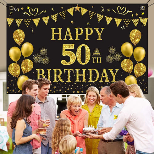 Trgowaul 50th Birthday Backdrop Gold and Black, 5.9 x 3.6 Ft Happy Birthday Party Decorations Banner for Photography