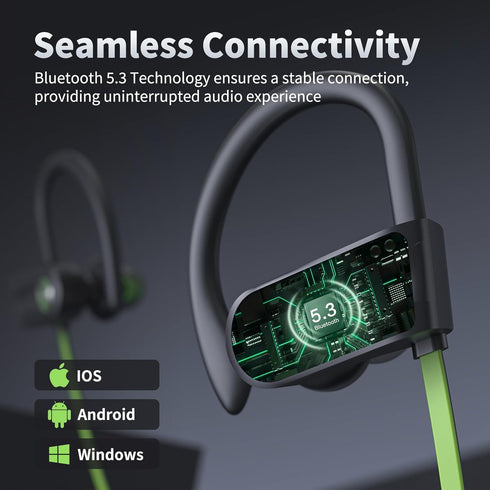 Bluetooth Headphones, Wireless Earbuds IPX7 Waterproof with 16Hrs Playtime, Stereo Bass Headsets with Mic