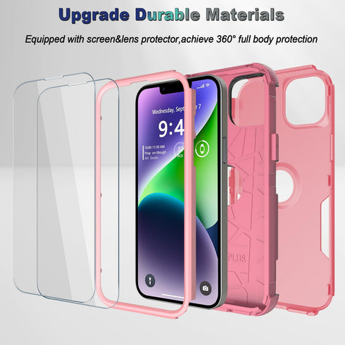 iPhone 13 & iPhone 14 Case, Pink, Non-Slip Shockproof 10 Ft Military Dropproof with 2 Tempered Glass Screen Protectors,