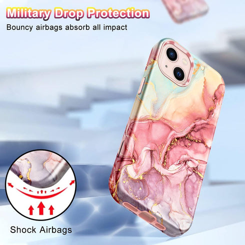 CASEFIV iPhone 13 Case, Rose Gold Marble Pattern, 3-in-1 Heavy Duty Shockproof Full Body Rugged Cover for 6.1" 2021.