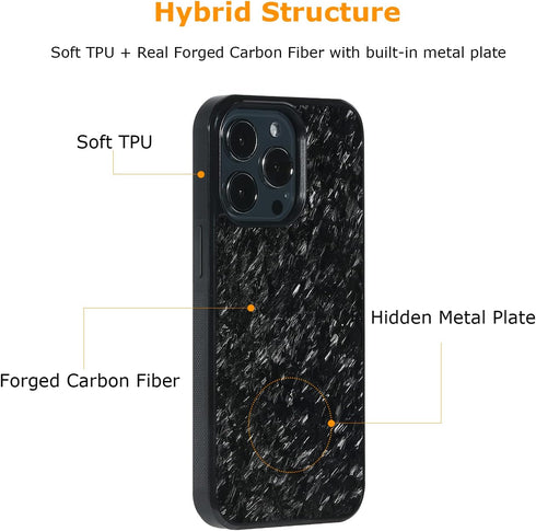 molzar Grip Series iPhone 13 Pro Case, Glossy Black/Forged, Real Forged Carbon Fiber, Built-in Metal Plate, Wireless