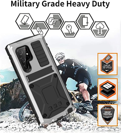 Samsung S23 Ultra Compatible Metal Case with Screen Protector, Rugged Heavy Duty Full Body Tough Case (Silver)