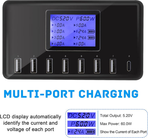 USB Charger, slitinto 60W 12A 8-Port USB Charging Station Multi Port USB Hub Charger Compact Size LCD Display Compatible with iPhone iPad Samsung Kindle Tablet Bluetooth Earbuds and More