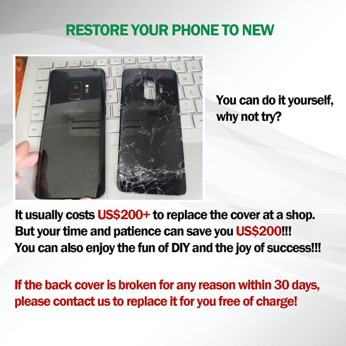 Galaxy S9+ Back Glass Cover Replacement Housing Door with Pre-Installed Camera Lens, Adhesive & Repair Tools for