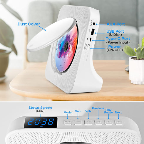 ROADOM Desktop CD Player with Bluetooth, Hi-Fi Stereo Sound, Remote Control, Supports CD/Bluetooth/FM Radio