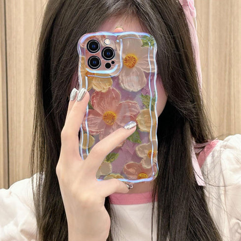 Jusy Oil Painting Flower Pink Compatible iPhone 11 Pro Max Case, Colorful Retro Floral Cute Curly Wave Cover